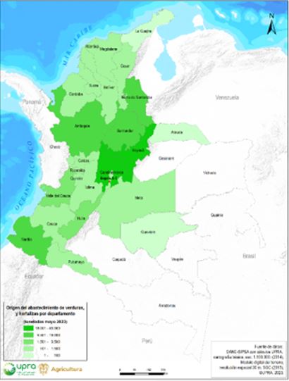 Origen del abastecimiento de verduras y hortalizas por departamento en mayo del 2023