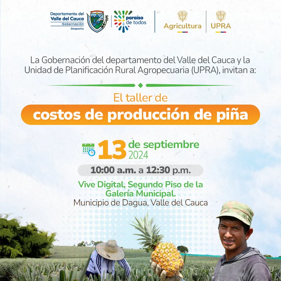 Levantamiento de costos de producción de piña Invitamos a los productores y actores de la cadena de piña, a la reunión de Levantamiento de costos de producción del cultivo de la piña, en el municipio de Dagua, Valle del Cauca. 10:00 a.m. a 12:30 p.m.