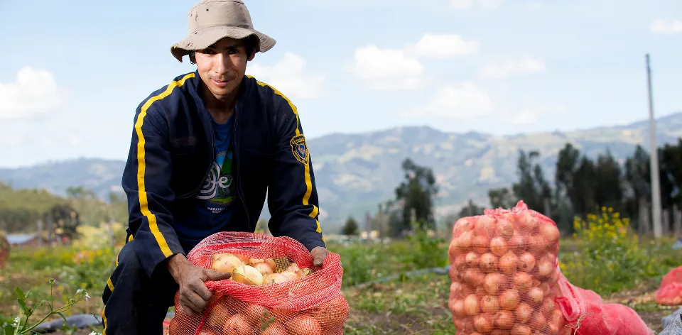 Campesino con un bulto de cebolla